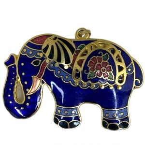 Vintage Blue Cloisonne Enamel Elephant Brooch Pin Or Pendant Gold Tone 1 3/4"